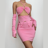 Halter self tie backless gloves hollow out 2-way mini skirt set