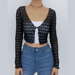 Solid textured long sleeve button top