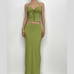 Halter sweetheart neck backless padded solid maxi skirt set