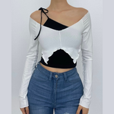 Long sleeve round neck ruffle one shoulder self tie slit 2 piece crop top