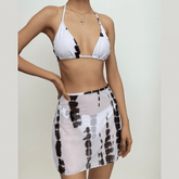 Tie dye contrast self tie halter backless mini skirt 3 piece swimwear