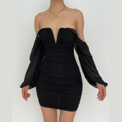 Mesh solid long sleeve ruched notch neck zip-up mini dress