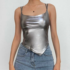 Cross back embroidery backless u neck irregular crop top