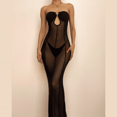 Mesh see through o ring hollow out backless tube maxi dress