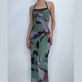 Halter self tie contrast print sheer mesh backless hollow out maxi dress