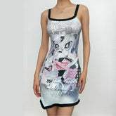 Comic pattern contrast ruffle backless square neck sleeveless mini dress
