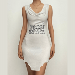 Letter print contrast cowl neck sleeveless metal chain mini dress