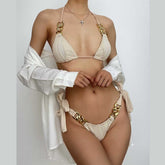 Halter textured metal chain self tie backless solid bikini swimwear