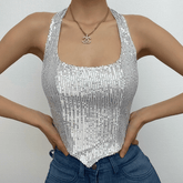 Beaded halter zip-up backless solid sleeveless crop top