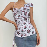 Flower print irregular contrast bowknot ruched zip-up top