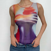 Sleeveless round neck sheer mesh ruffle contrast print bodysuit