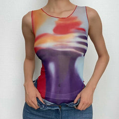 Sleeveless round neck sheer mesh ruffle contrast print bodysuit