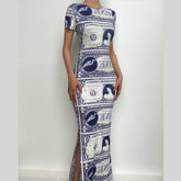 Print crewneck short sleeve slit midi dress