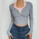 Button patchwork solid long sleeve ribbed contrast crop top