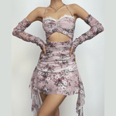 Halter hollow out lace hem flower print gloves mini dress