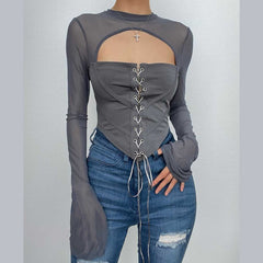 Lace up flared sleeve crewneck corset hollow out backless top