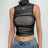 Mesh sleeveless ruched high neck ruffle crop top - Final Sale