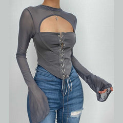 Lace up flared sleeve crewneck corset hollow out backless top