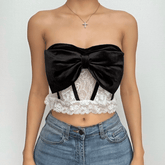 Velvet bowknot contrast lace ruffle backless tube crop top