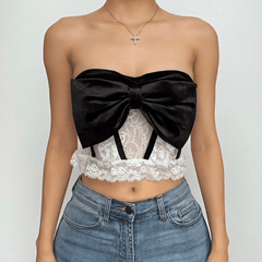 Velvet bowknot contrast lace ruffle backless tube crop top