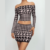 Butterfly print contrast off shoulder long sleeve mini skirt set