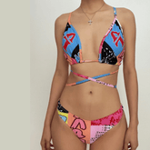 Ruched padded halter contrast print self tie 3 piece swimwear