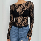 Lace see through long sleeve self tie backless top