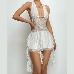 PRE ORDER - Halter v neck backless lace self tie hollow out mini dress