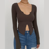 Long sleeve notch neck ruffle solid slit crop top