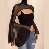 Flared sleeve o ring sheer mesh lace up shrug high neck top