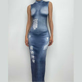 Denim print sleeveless contrast high neck maxi dress