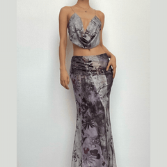 Flower print contrast cowl neck ruched cross back backless midi skirt set