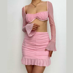 Mesh hollow out solid ruffle long sleeve ruched mini skirt set
