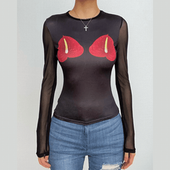 Long sleeve mesh crewneck flower pattern patchwork top