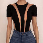 Mesh patchwork short sleeve contrast bodysuit