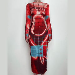 Plaid contrast body print long sleeve crewneck midi dress