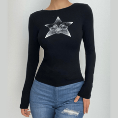 Star pattern long sleeve crewneck contrast top