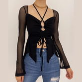 Mesh hollow out slit drawstring long sleeve halter self tie crop top