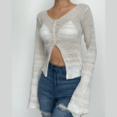 Knitted long sleeve slit v neck see through crop top