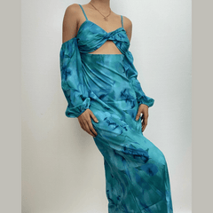 Long sleeve contrast off shoulder hollow out flower print midi dress