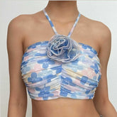 Contrast ruched halter mesh flower applique self tie crop top