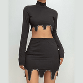 Beaded irregular high neck long sleeve mini skirt set
