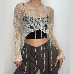 Crochet long sleeve solid hollow out round neck crop top