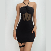 Flower applique halter mesh patchwork backless mini dress