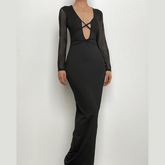 Mesh patchwork solid low cut long sleeve cross front maxi dress