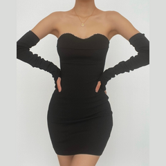 Sleeveless solid lace hem gloves tube dress