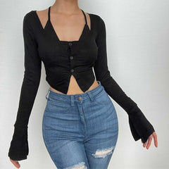 Halter self tie flared sleeve button solid 2 piece crop top