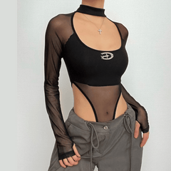 Metal tag halter gloves mesh long sleeve u neck bodysuit