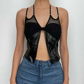 Mesh knotted PU leather patchwork halter solid v neck crop top - Final Sale