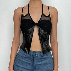 Mesh knotted PU leather patchwork halter solid v neck crop top - Final Sale